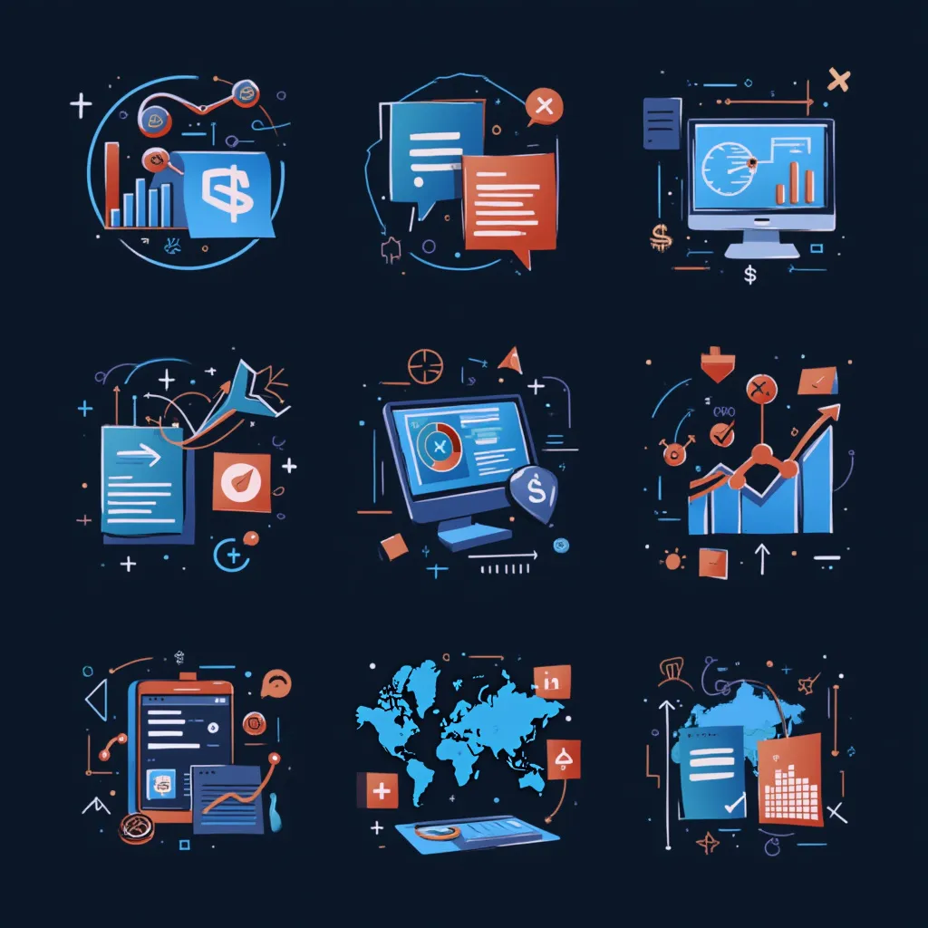 Iconos de negocio y tecnología en un fondo oscuro