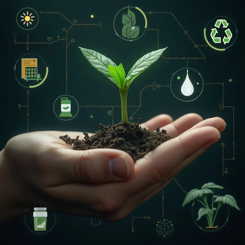 Mano sosteniendo planta con iconos de sostenibilidad